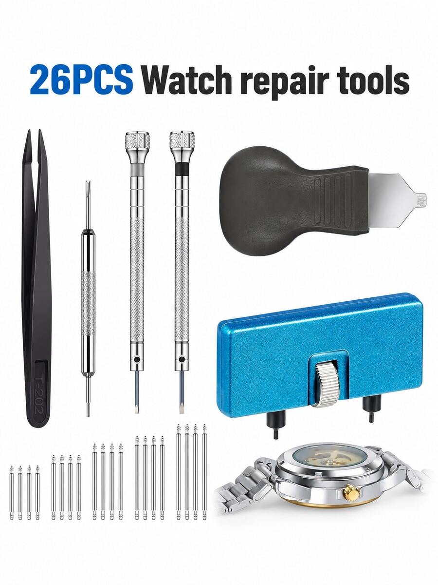26pcs Professional Watch Repair Tool Set, Watch Repair Tool Kit, Watch Band Repair Tool, Watch Case Opener, Watch Hand Remover, Spring Bar Replacement Set, Watch Band Replacement Tool, Suitable For Watch Battery Replacement, Watch Case Opening, Watch Spring Bar Replacement, Practical And Portable Watch Repair Tool Set, Perfect Gift For Watchmakers And DIY Enthusiasts, Durable Watch Repair Set, Ideal Choice For Personal And Professional Watch Daily Maintenance