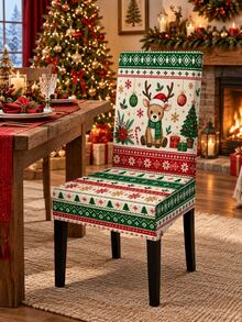 Christmas Stretch Dining Chair Covers, Cute Reindeer Christmas Tree Snowflake Holly Print Elastic Full Chair Slipcovers, Festive Chair Protectors For Kitchen Dining Room Xmas Holiday Party Home Decor - J - View 2