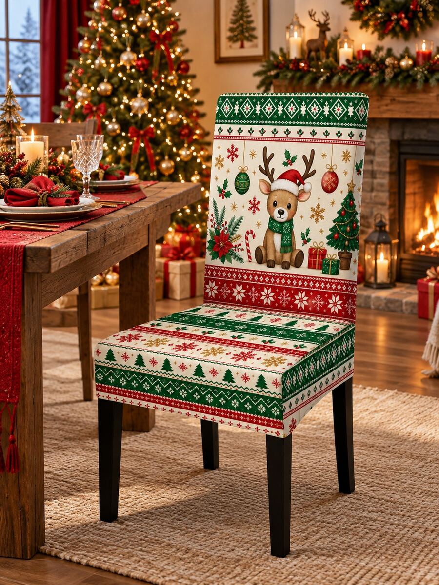 Christmas Stretch Dining Chair Covers, Cute Reindeer Christmas Tree Snowflake Holly Print Elastic Full Chair Slipcovers, Festive Chair Protectors For Kitchen Dining Room Xmas Holiday Party Home Decor