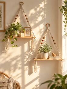 1pc Bohemian Style Macrame Wall Hanging Shelf, Light Wood Rope Rack With Tassel Decor, Boho Rustic Plant Hanger For Indoor Living Room Bedroom Wall, Modern Macrame Hanging Storage Rack, Multi-Function Beaded Woven Wall Shelf, Simple Elegant Hanging Rack, Fashionable Home Decor Display Shelf, Suitable For Bathroom Kitchen Bedroom Or Living Room Wall - Multicolor - View 2