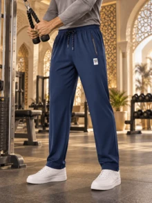 Men's Golf Sports Pants, Solid Navy Blue Waist Drawstring Long Pants, With Zipper Pockets, Regular Fit Full Length Smart Casual Outdoor, Sports Gym Running, Party Date - Blue - View 4