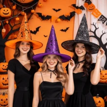 1/2pcs Halloween Pointed Witch Hat, Spider Web & Bat Swirl Print Wide Brim Wizard Hat, One Size Cosplay Party Accessory For Dress Up - Multicolor - View 3