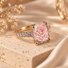 1pc Women's Gold Ring, Pink Square Textured Leopard Print Decor, Fashion Design, Exquisite Elegant Style, Daily Versatile Finger Jewelry Accessory - Square Leopard Print Ring - View 4