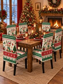 Christmas Stretch Dining Chair Covers, Cute Reindeer Christmas Tree Snowflake Holly Print Elastic Full Chair Slipcovers, Festive Chair Protectors For Kitchen Dining Room Xmas Holiday Party Home Decor - J - View 3
