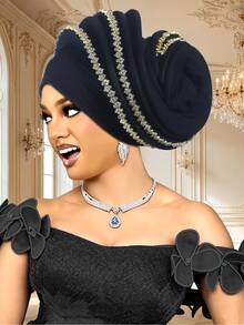 1pc Women Pre-Made Auto Gele Turban Hat, Nigerian Pleated Headtie With Rhinestone Trim, African Flower Bud Head Wrap For Wedding Party Ceremony - A - View 6