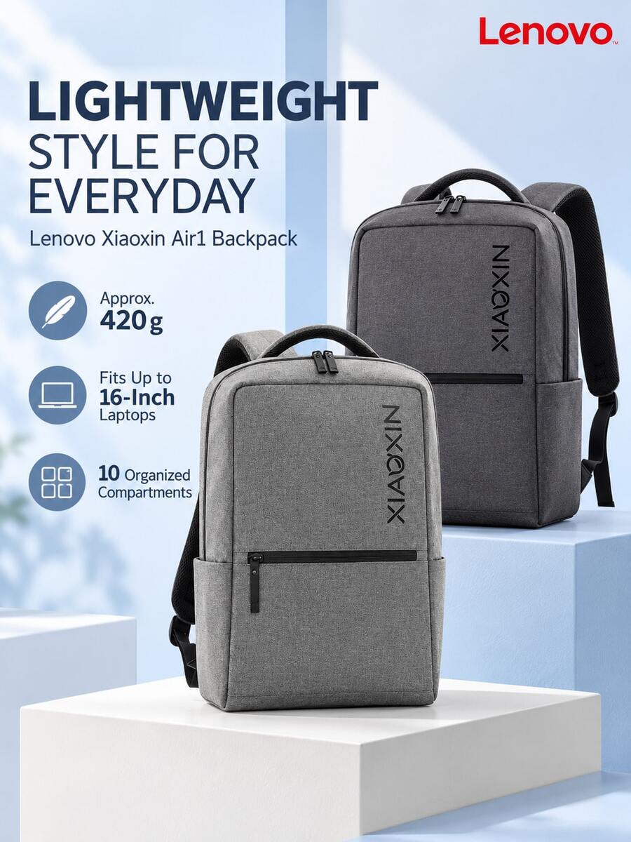 Lenovo AIR1 Lightweight Backpack, 420g Ultra-Lightweight, Multi-Compartment Storage, Suitable For Commuting, School, And Short Trips, Honeycomb Breathable Material, Reinforced Stitching On Shoulder Straps - View 1