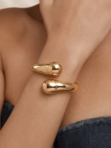 1pc Minimalist Asymmetrical Water Drop Shape Spring Open Bangle, Polished Shiny Gold Thick Metal Open Cuff Bracelet Suitable For Daily Wear And Beach Party And Other Occasions Versatile Accessory - Gold - View 2