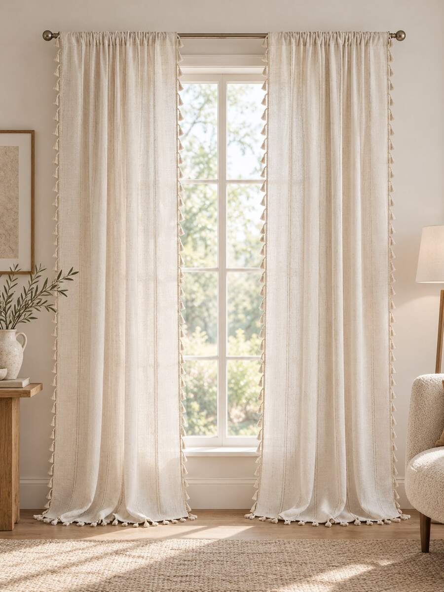 Bubaba Boho Striped Tassel Curtain Panels, Linen-Look Light Filtering Rod Pocket Window Drapes, Farmhouse Sheer Curtains For Living Room Bedroom Home Decor - Beige - View 1