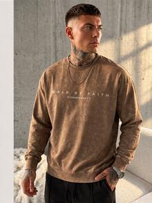 GRDR Men's Round Neck Autumn/Winter Washed Letter Print Sweatshirt - Brown - View 2