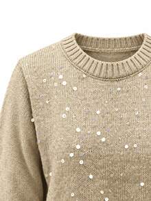 JustMiss Women's Crew Neck Long Sleeve Knit Short Loose Casual Colorful Sequin Pullover Sweater Spring Autumn - Khaki - View 10