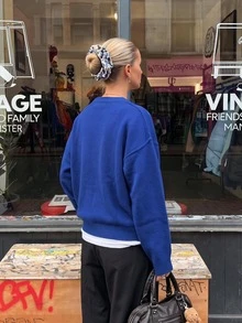 Women's Loose Solid Color Crew Neck Sweater, Drop Shoulder Long Sleeve Knit Pullover, Casual Autumn Daily Wear - Blue - View 7