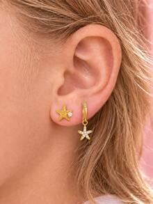 2 Pairs Gold Tone Rhinestone Starfish Stud & Hoop Earrings Cute Kids Fashion Jewelry For Girls Daily School Party Birthday Outfit Gift - Gold - View 5