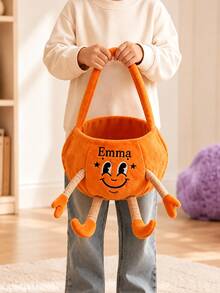 Personalized Name Pumpkin Basket, Felt Halloween Trick Or Treat Bucket With Striped Bow, Handheld Pumpkin Storage Tote Bag, Halloween Party Decoration Gift Basket - Multicolor - View 5