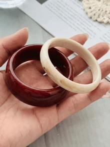 2pcs Burgundy And Beige Textured Wide Resin Bracelets, Fashion Vintage Stackable Daily Women's Bracelets - Burgundy + Off-white - View 5