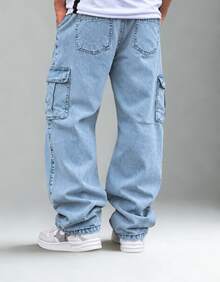 Calça Cargo Jeans Masculina Feminina Jeans Claro Oversized 6 Bolsos Confortável Casual  Cintura Elástica Cordão Estilo Skate P, M, G, GG, G1 - Jeans Clara - Visão 7