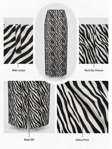 New Commuter Style Zipper Skirt, Zebra Print Hem, Back Slit, No Belt, Non-Stretch Fabric, Suitable For Date, School, Home, Commute - Black and White - View 4