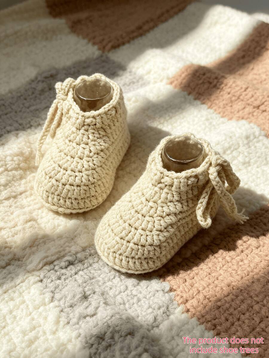 1 Pair Hand-Knitted Infant Booties, Handmade Crochet Toddler Shoes, Indoor Floor Socks - Beige - View 1