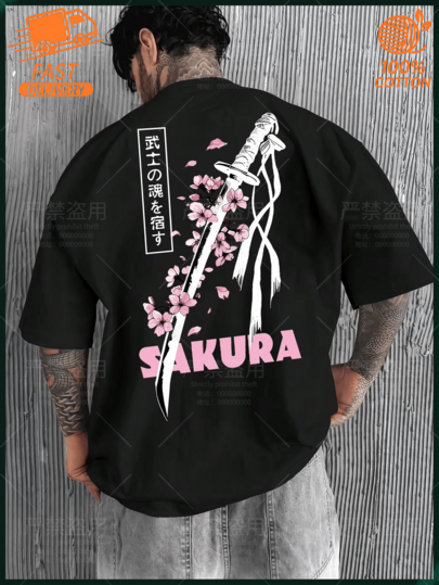 Japanese Harajuku Style Sakura Samurai Sword Japanese Slogan Digital Print Drop Shoulder Top Halloween Costume For Women Autumn Outfits Women