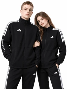 Adidas Jaket rajut kasual sporty tiga garis unisex dengan kerah tegak dan bahan yang bernapas. - Hitam dan Putih - View 1