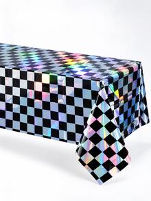 Holographic Black & Silver Checkerboard Tablecloth, 54 X 72 Inch Rectangular Plastic Table Cover For Birthday Parties, Disco Events & Celebrations - Black - View 7