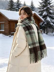 Women's Winter Fleece Flannel Scarf - Thick Warm Plaid Color Block Shawl, Elastic Soft Texture, Street Style Versatile Casual Essential For Outings, Fashion Accessory - 02-light Green Coffee - View 3