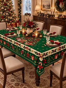 1pc Elegant Green Christmas Rectangular/Round Tablecloth, Large Christmas Tree & Gift Box Pattern, Bell, Candy Cane, Snowflake & Holly Print, Suitable For Christmas Family Gathering, Home Holiday Dining Table Decor - Multicolor - View 11