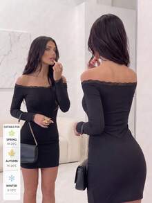 SUNSTORY Women's Autumn Black Off-Shoulder Lace Trim Long Sleeve Fitted Bodycon Mini Dress, Elegant Style, Suitable For Party, Club, Disco, Birthday Outfits - Black - View 5