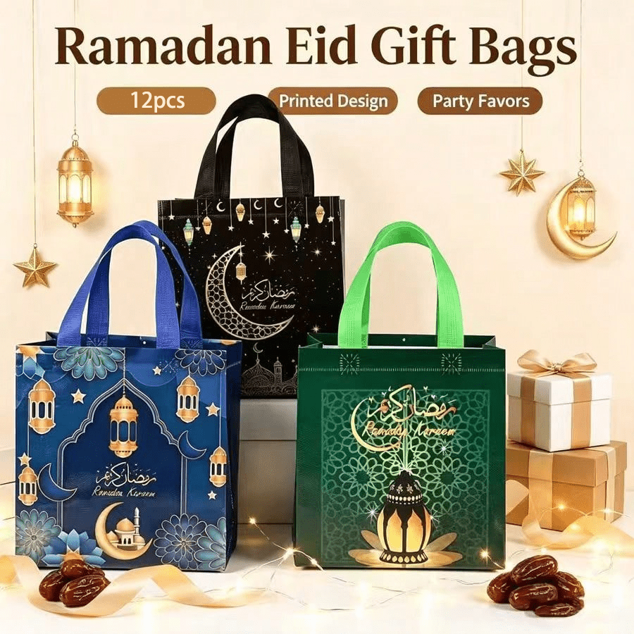 12入 Ramadan Kareem 不織布禮品手提袋，可重複使用 Eid Mubarak 手提包，伊斯蘭燈籠月亮圖案，穆斯林節日派對伴手禮袋，隨機配色，適用於開齋節禮品包裝、糖果零食收納、節慶裝飾與禮物攜帶 - 多色 - 查看 3