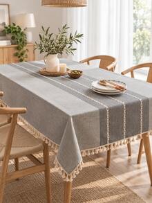 Bubaba 1pc Jacquard Patchwork Rectangle Tablecloth, Bohemian Farmhouse Rustic Style Beige Tasseled Wedding Party Decor Dining Mat, Suitable For Kitchen, Dining Room, Cafe, Round Table, All Season - Grey - View 2