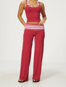 Fashionable Red Striped Halter Neck Cropped Top With High Waist Wide Leg Pants Set (Women) - Red - View 4