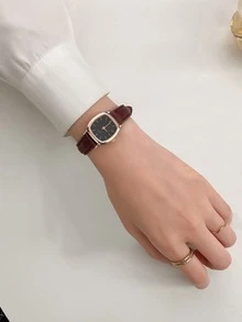 1 reloj de dama cuadrado clásico con puntero y movimiento de cuarzo - Marrón - Ver 4