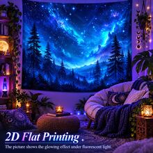 This 2D Flat Tapestry Features A Starry Forest Pattern, With The Glow Of A Galaxy Shimmering In The Scene, Stars Twinkling In The Sky, And The Silhouette Of A Pine Forest And Rolling Mountains In The Distance. It Glows Under Fluorescent Light, Making It Perfect For Wall Decor, Backdrop, Or Party Decoration. - Multicolor - View 9
