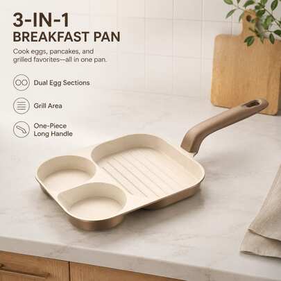 Multi-Functional Textured Coated Breakfast Pan, Divided Egg Frying Pan With Grill Section, 3-In-1 Skillet For Bacon, Eggs, Pancakes & Sausage, Home Kitchen Cookware