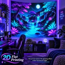 2D Flat Pattern, Single Piece, Moonlight Waterfall Forest Tapestry, Vibrant Trees, Full Moon, Multi-Layer Waterfall And Stream Design, Glows Under Fluorescent Light, Suitable For Wall Decor, Backdrop, Or Party Decoration - Multicolor - View 6
