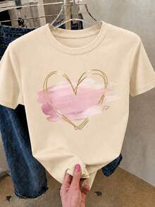 Camiseta femenina de manga corta con cuello redondo, tejido ligero y cómodo, corte versátil ideal para uso diario, salidas y combinaciones sencillas en temporada cálida - Albaricoque - Ver 2