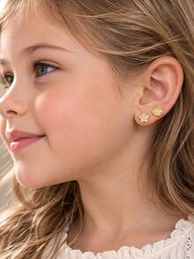 2 Pairs Gold Tone Rhinestone Starfish Stud & Hoop Earrings Cute Kids Fashion Jewelry For Girls Daily School Party Birthday Outfit Gift - Gold - View 5