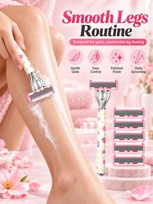 Women's Manual Razor Set With Replaceable Blades, Floral Pattern Handle Body Shaver, Smooth Hair Removal For Legs, Underarms, Arms And Bikini Area, Portable Daily Grooming And Travel Beauty Tool - Multicolor - View 5