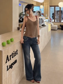 YEAE | Celana Jeans Flare Kasual Pinggang Sangat Rendah Warna Biru Pudar Vintage - Medium Wash - View 7
