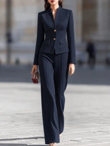 Women's Notched Collar Pinstripe Suit Set With Button Details, Long Sleeve Blazer & Wide Leg Pants, Elegant Formal Outfit For Fall & Winter - Navy Blue - View 5