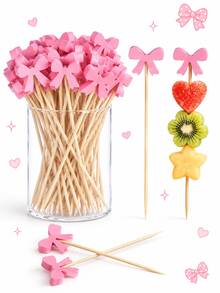 100pcs Pink Bow Bamboo Food Picks, Cute Cupcake And Dessert Toppers For Baby Shower, Birthday And Wedding Party Table Decorations - Multicolor - View 1