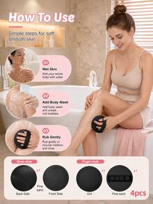 4PCS Shower Brush Set, Back Scrubber Bath Tools With 2 Handle Styles, Coarse & Fine Exfoliating Gloves And Body Scrub Towels, Shower Essentials, Bathroom Essentials, Body Care, Hygiene Products, Cleaning Supplies, Beauty Tools, Travel Essential - Set - View 3