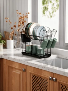 2‑Tier Dish Drying Rack, Countertop Dinnerware Organizer With Cup Hooks & Utensil Caddy, Removable Drip Tray For Plates Bowls Glasses Cutlery, Sink‑Side Storage For Apartment Dorm Compact‑Space Household - Multicolor - View 4