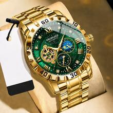 1pc Men's Yellow Angular Case Green Starry Sky Dial Moon Phase & Star Multi-Window Display Luxury Automatic Tourbillon Mechanical Wristwatch - Mouldless - View 12