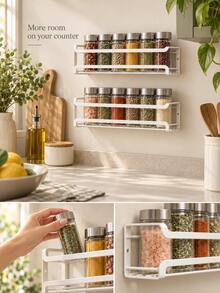 2pcs Wall-Mounted Spice Rack Storage Shelf, White Metal Wire Storage Rack, Space-Saving Spice Bottle Holder, With Drilling And Wall-Mounting Installation Options, Free Drill-Free Hooks Included, Suitable For Kitchen Pantry Cabinet, Home Cooking, Kitchen Organization And Storage - Multiple Styles - View 2
