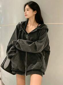 Women's Korean Style Salt-Washed Loose Sweatshirt, Casual Sports Style, Long Sleeve Top, Black, Spring - Black - View 1