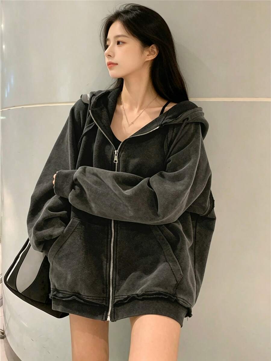 Women's Korean Style Salt-Washed Loose Sweatshirt, Casual Sports Style, Long Sleeve Top, Black, Spring - Black - View 1