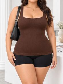 1pc Coffee Brown Vertical Stripe Square Neck Sleeveless Tummy Control Shaping Tank Top, Plus Size Full Figure Women 4-Way High Stretch Skin-Friendly Vertical Ribbed Knit Fabric, Multi-Directional Soft Compression Cinched Waist, Minimalist Smooth U-Back Invisible Seamless Innerwear, Contouring Body To Highlight Natural Curves; Suitable For Daily Jeans Outfit, Wedding Dress Base, Postpartum Shaping Multiple Scenarios, All-Season Light Compression Basic Body-Shaping Camisole Top - Coffee Brown - View 4