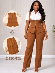 Women Brown 2 Pieces Suit Set Sleeveless U Neck Button Down Lace Up Back Waistcoat Vest And High Waist Straight Leg Pants Formal Office Work Outfit - Brown - View 1