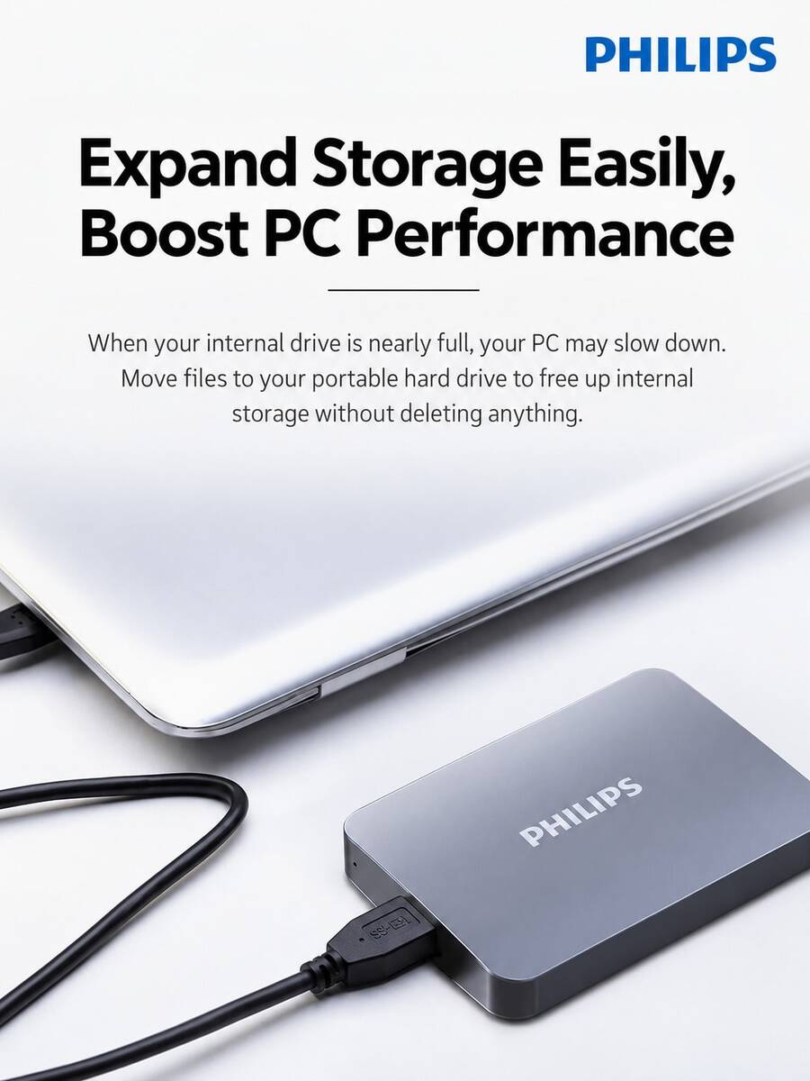 PHILIPS 1TB/2TB Options 2.5-Inch Portable Hard Drive 21PD Series USB 3.2 Gen 1 High-Speed Large Capacity External Mechanical Hard Drive External Computer Storage Compatible With Mac Office Home Data Backup Black Silver - View 1