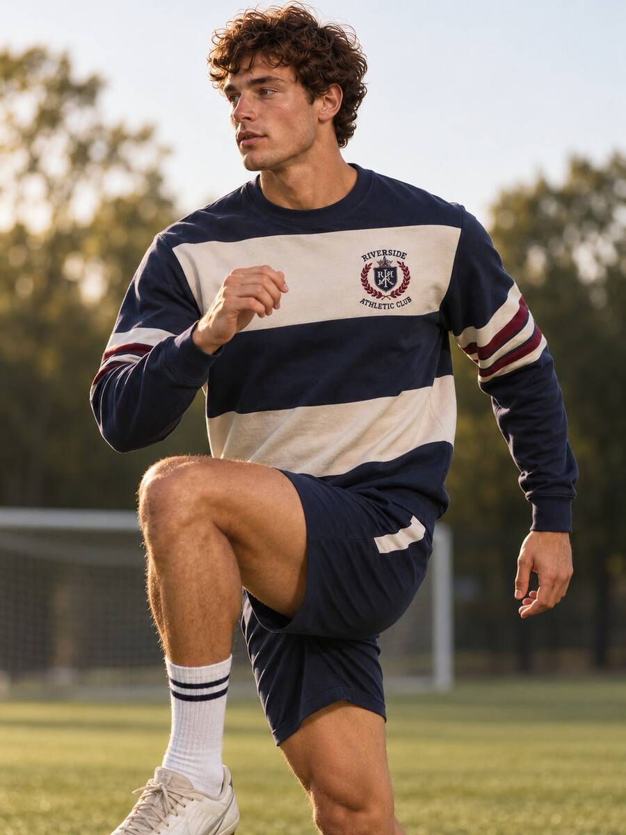 Men's College Style Striped Crew Neck Sweatshirt, RIVERSIDE Logo Colorblock Long Sleeve Casual Rugby Pullover Top - Multicolor - View 1